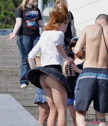 public upskirt oops showing ass while on the stairs with her friends