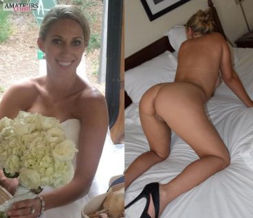 Bent over wife showing curvy ass in bridal nude wedding dress on and off picture