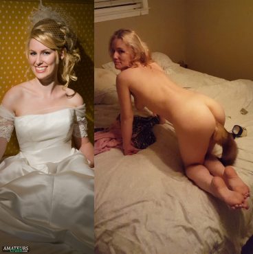 Wedding dress on and off with nude brides and her fox tail butt plug while bending over ass