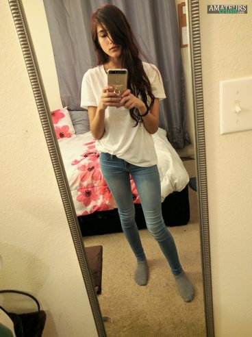 White shirt and tight jeans on sexy teen selfie
