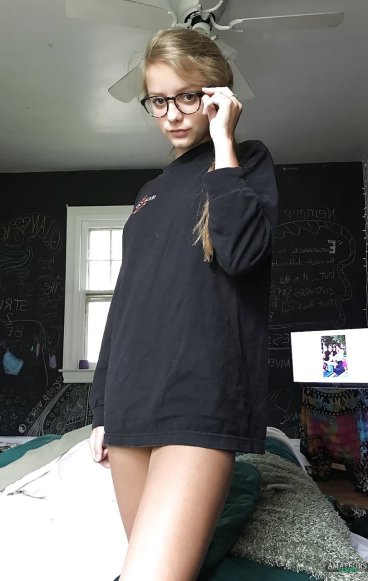 Hot nerdy teen setting her glasses straight bottomless FI