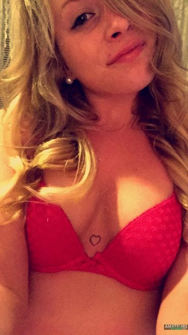 Sweet blonde wife cutey in red bra selfie